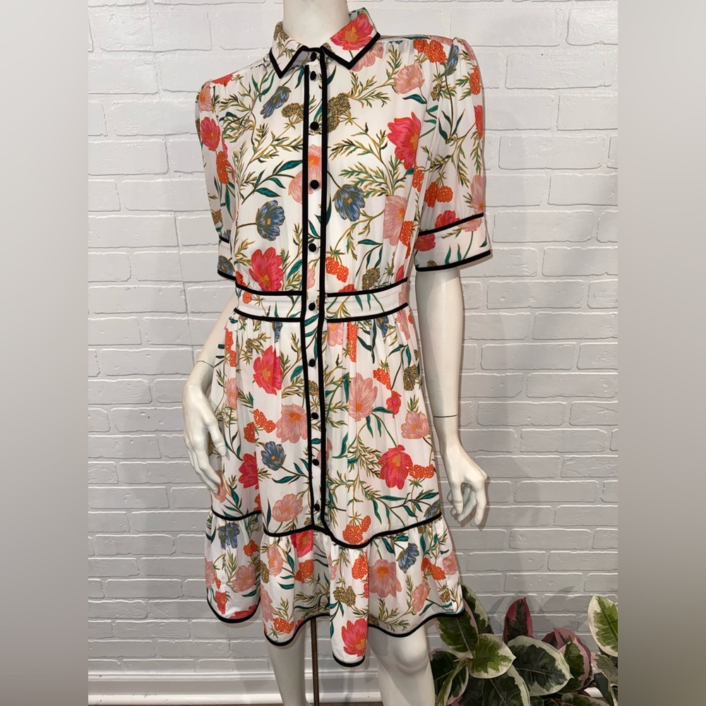 Kate Spade Picnic Perfect Blossom Fluid Floral Button Up Dress with Black Trim